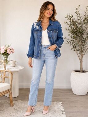 TinselTown Oversized Destroyed Blue Denim Jacket